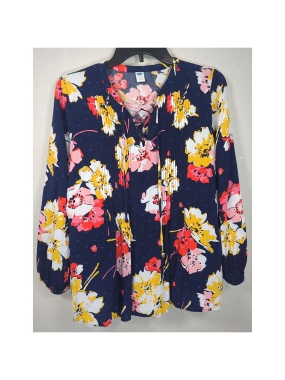 Old Navy Boho Top Blouse Blue Floral‎ Pintuck Lace Up 3/4 Sleeve Size Small